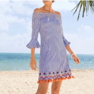 Cabana Life Blue and White Striped Off the Shoulder Dress with Orange Accents